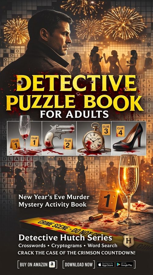 Detective Puzzle Book for Adults — New Year's Eve Murder Mystery cover.