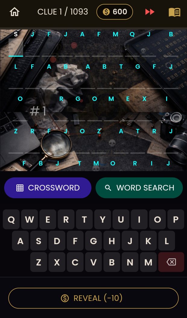 A cryptogram puzzle in progress with coded letters above blank spaces.