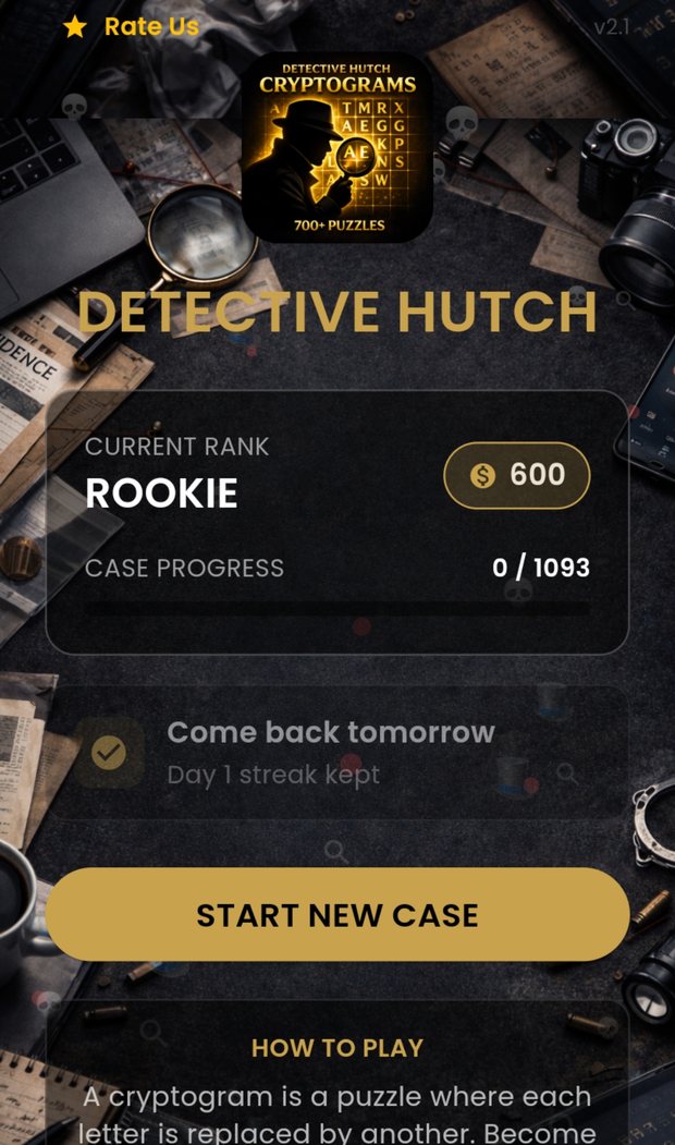 Home screen showing detective rank, coins, case progress and a daily streak.